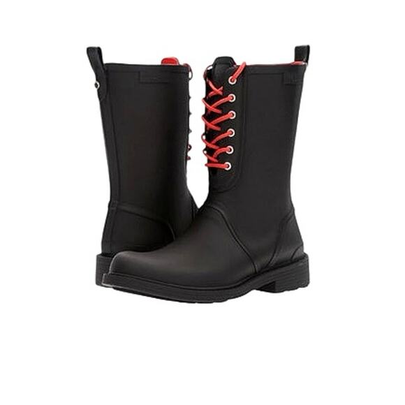 Rag & Bone Ansel Lace-Up Rain Boots Black and Red EUC Size 38 - Picture 1 of 9